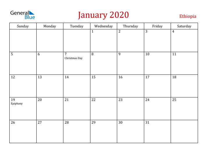 Ethiopia January 2020 Calendar - Sunday Start