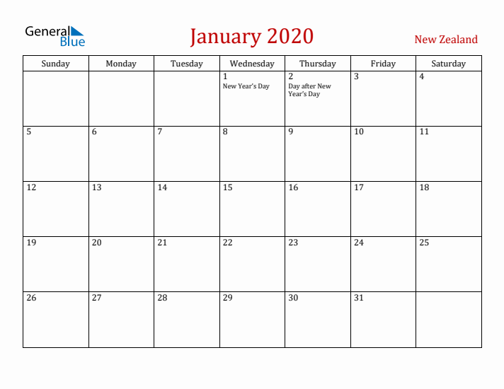 New Zealand January 2020 Calendar - Sunday Start