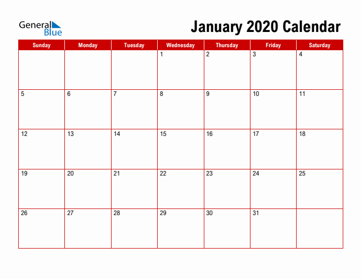 Simple Monthly Calendar - January 2020