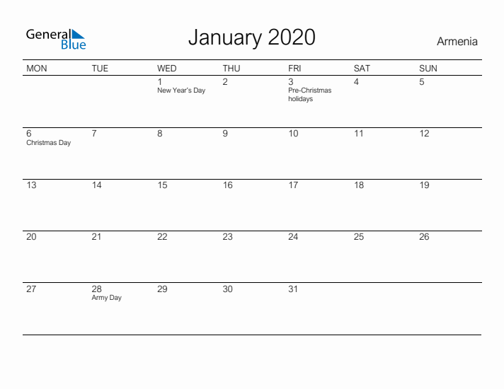 Printable January 2020 Calendar for Armenia