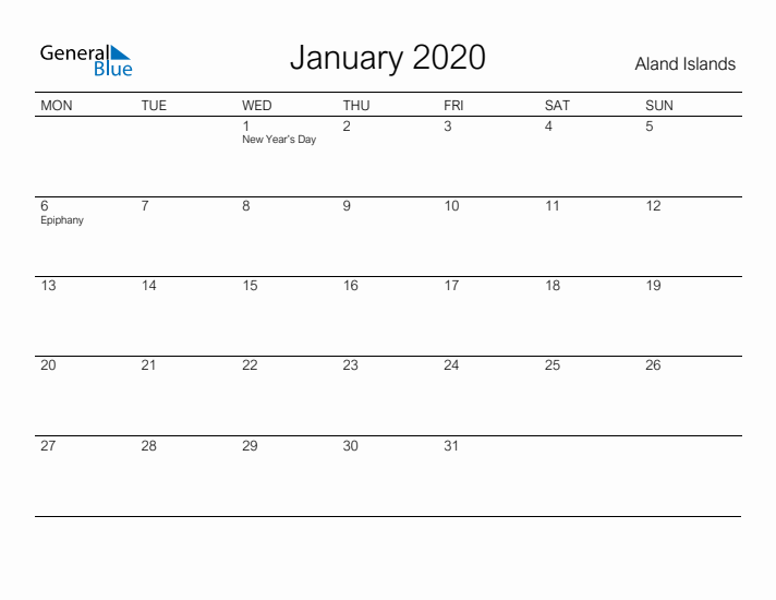 Printable January 2020 Calendar for Aland Islands