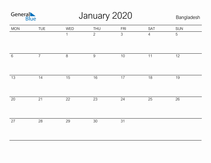 Printable January 2020 Calendar for Bangladesh