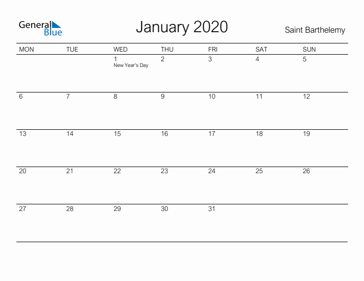 Printable January 2020 Calendar for Saint Barthelemy