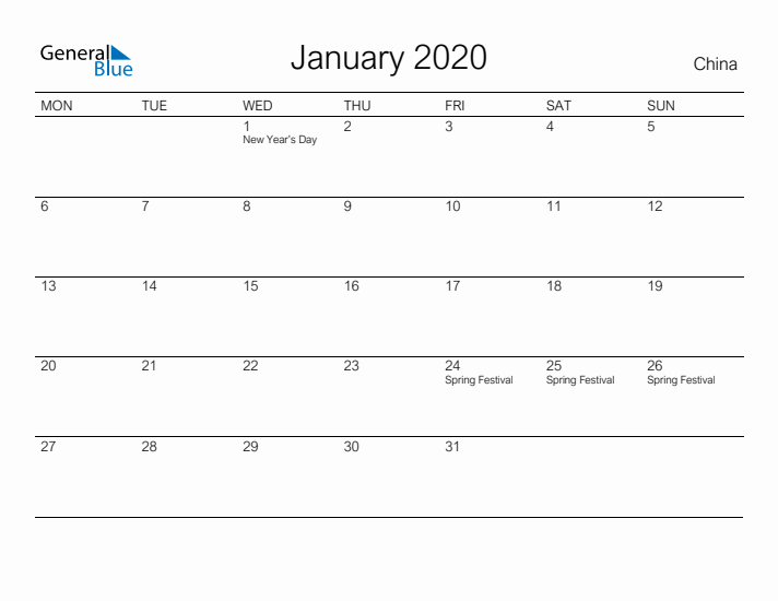 Printable January 2020 Calendar for China