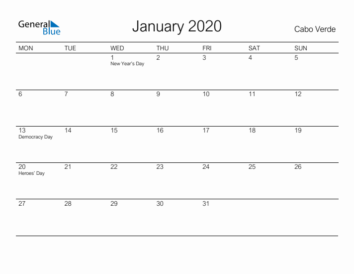 Printable January 2020 Calendar for Cabo Verde