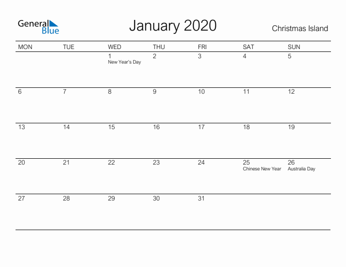 Printable January 2020 Calendar for Christmas Island