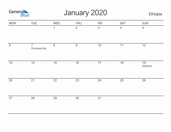 Printable January 2020 Calendar for Ethiopia