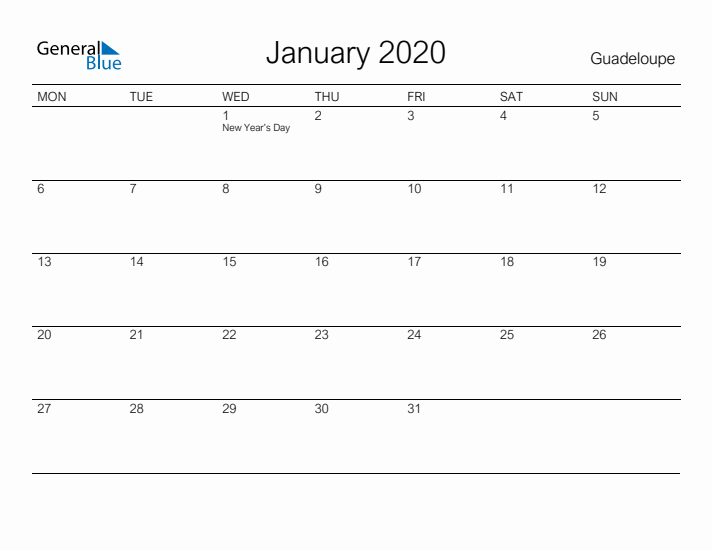 Printable January 2020 Calendar for Guadeloupe