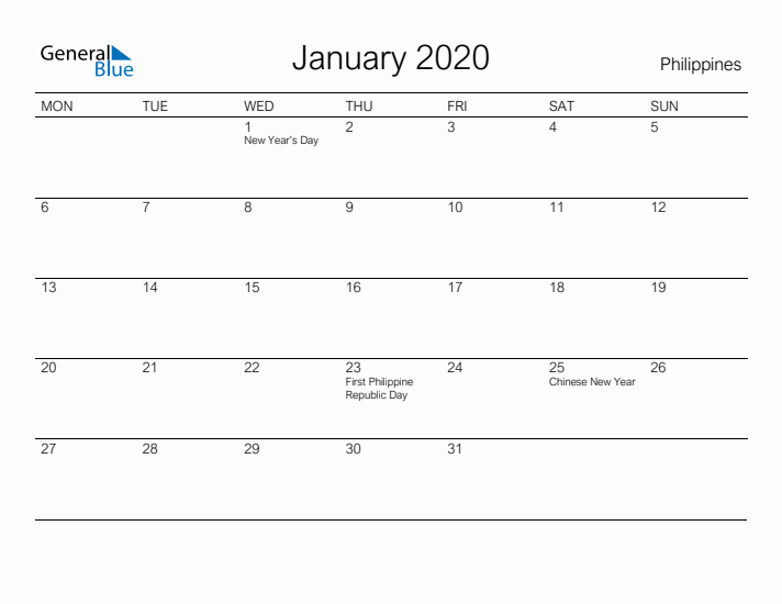 Printable January 2020 Calendar for Philippines