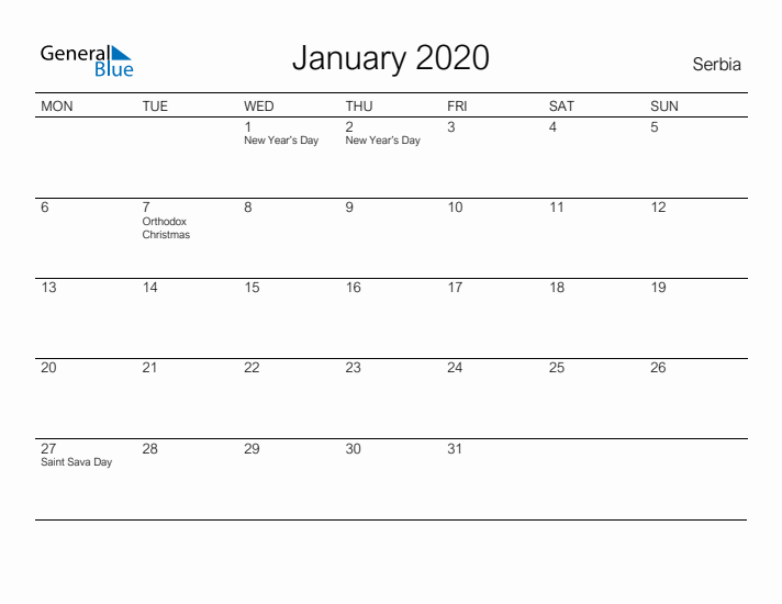 Printable January 2020 Calendar for Serbia