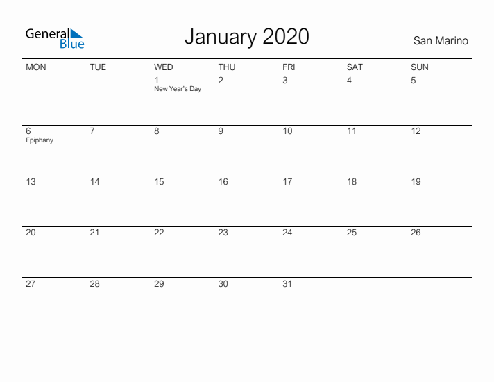 Printable January 2020 Calendar for San Marino