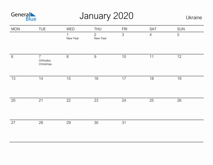 Printable January 2020 Calendar for Ukraine