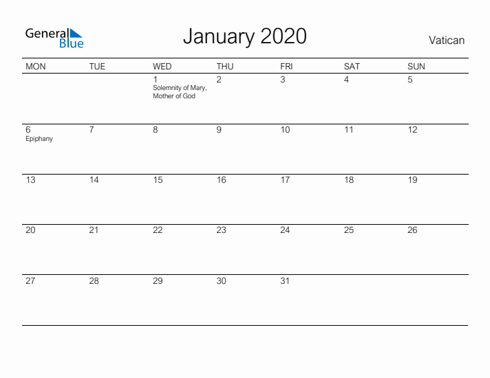 Printable January 2020 Calendar for Vatican