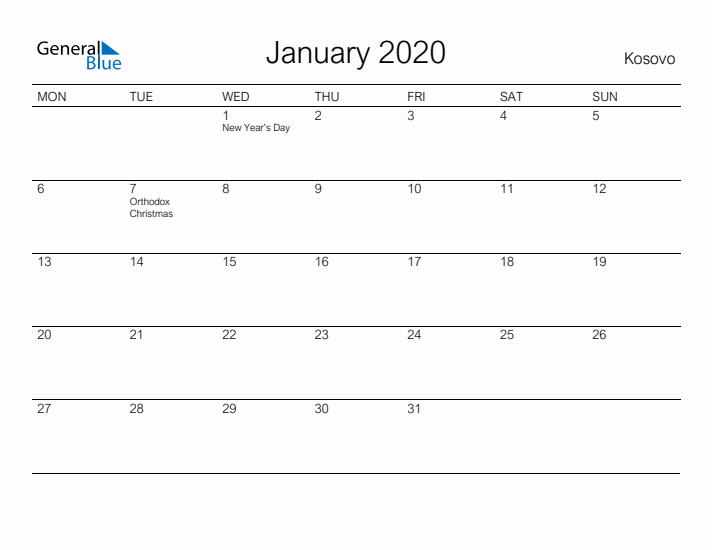 Printable January 2020 Calendar for Kosovo