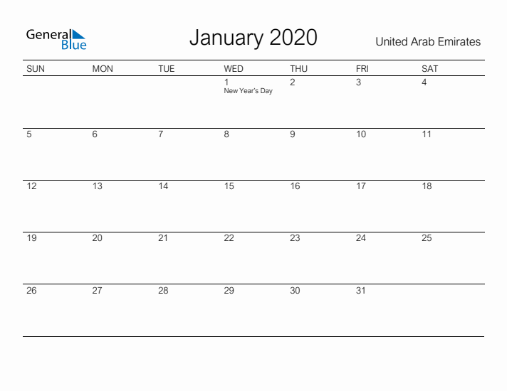 Printable January 2020 Calendar for United Arab Emirates