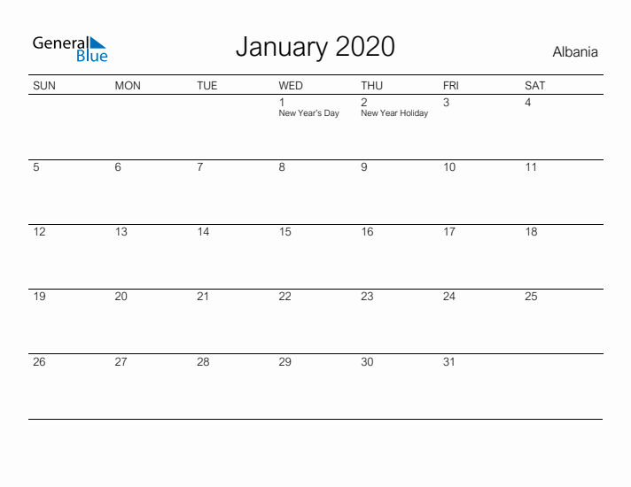 Printable January 2020 Calendar for Albania