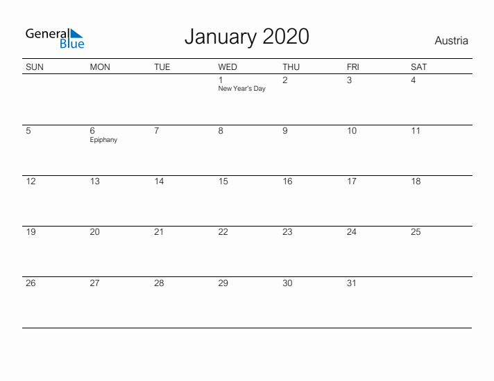 Printable January 2020 Calendar for Austria