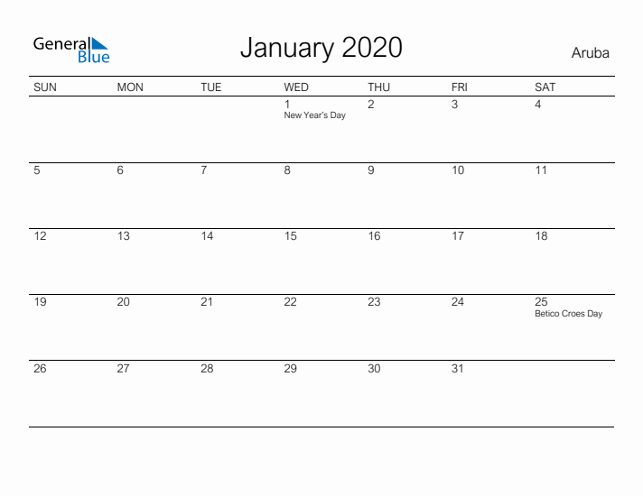 Printable January 2020 Calendar for Aruba