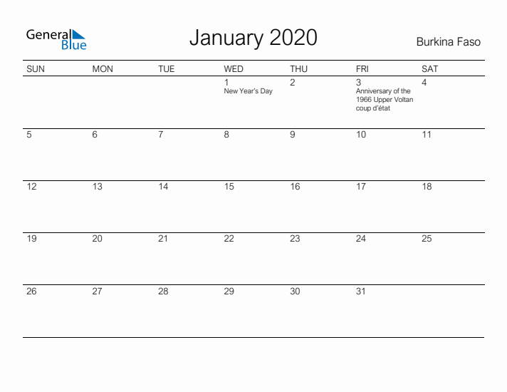 Printable January 2020 Calendar for Burkina Faso