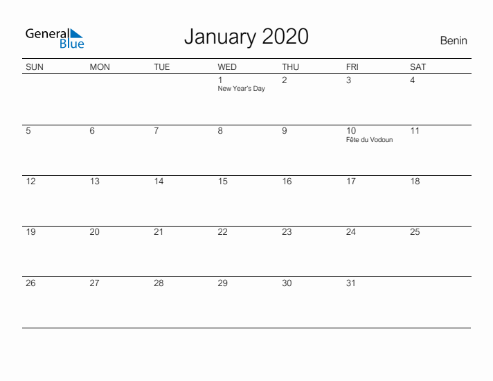 Printable January 2020 Calendar for Benin