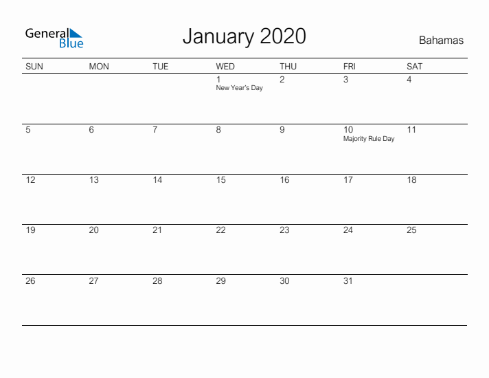 Printable January 2020 Calendar for Bahamas