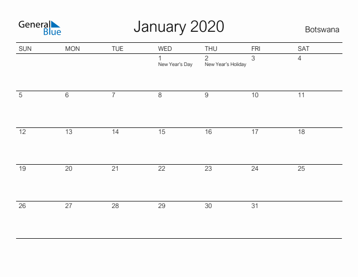 Printable January 2020 Calendar for Botswana