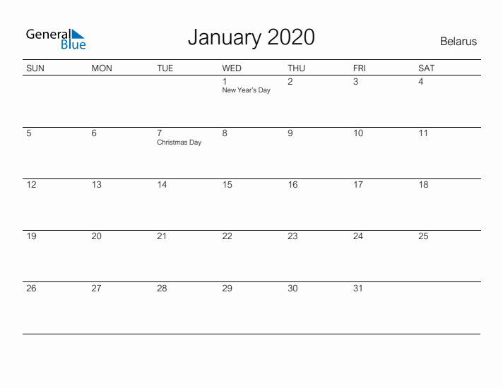 Printable January 2020 Calendar for Belarus