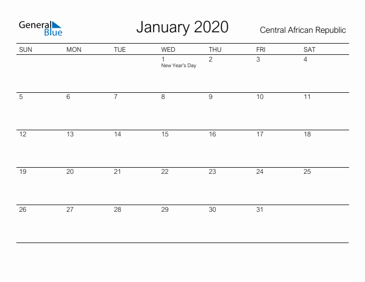 Printable January 2020 Calendar for Central African Republic