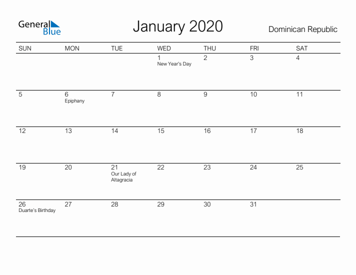 Printable January 2020 Calendar for Dominican Republic