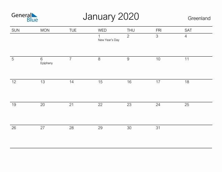 Printable January 2020 Calendar for Greenland