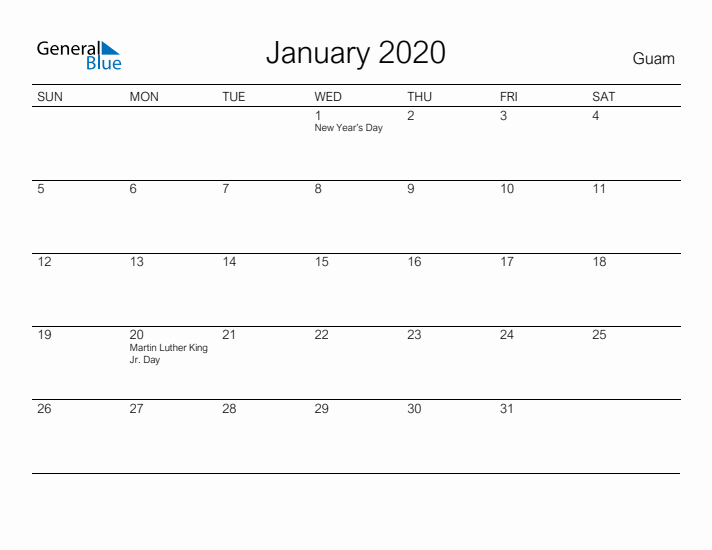 Printable January 2020 Calendar for Guam