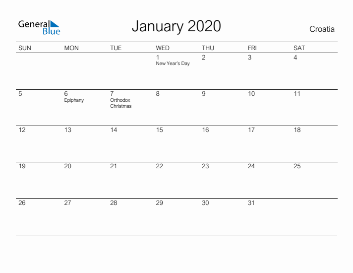 Printable January 2020 Calendar for Croatia