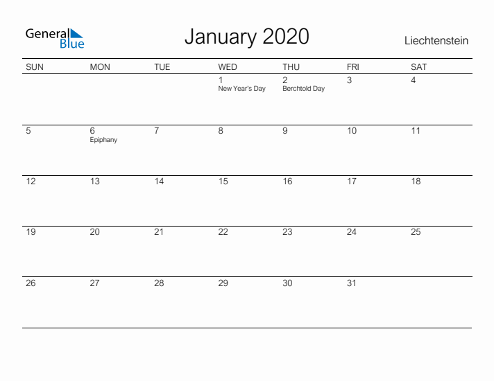 Printable January 2020 Calendar for Liechtenstein