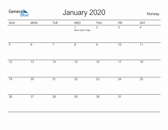 Printable January 2020 Calendar for Norway