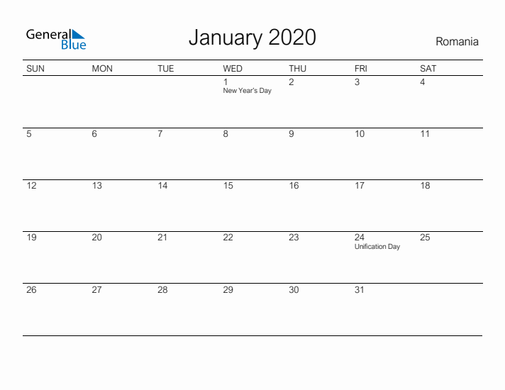 Printable January 2020 Calendar for Romania