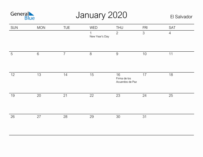 Printable January 2020 Calendar for El Salvador