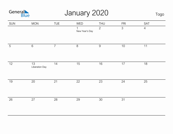 Printable January 2020 Calendar for Togo