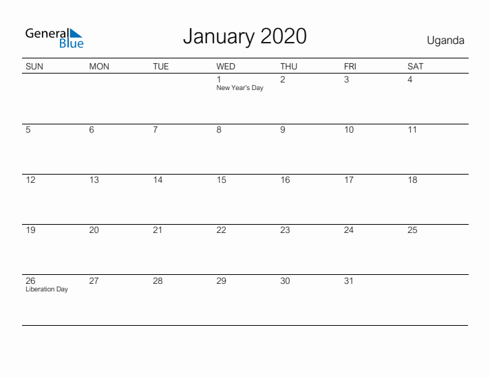 Printable January 2020 Calendar for Uganda