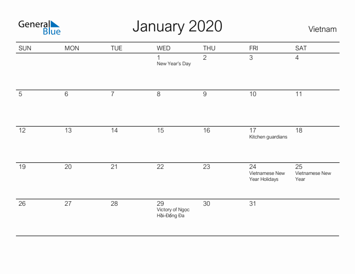 Printable January 2020 Calendar for Vietnam