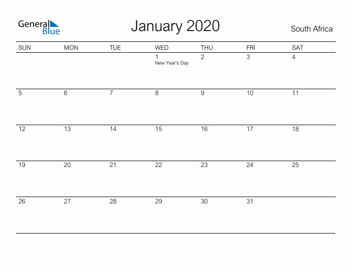 Printable January 2020 Calendar for South Africa