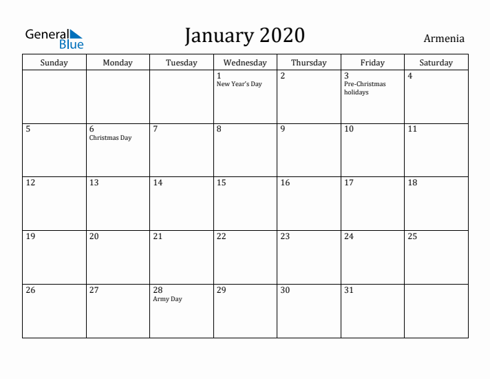 January 2020 Calendar Armenia