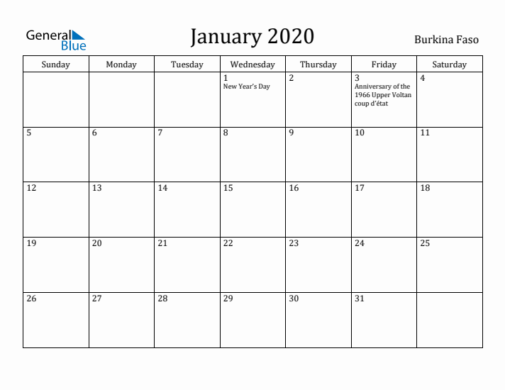 January 2020 Calendar Burkina Faso