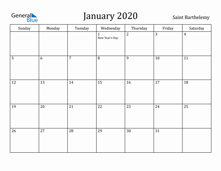 January 2020 Calendar Saint Barthelemy