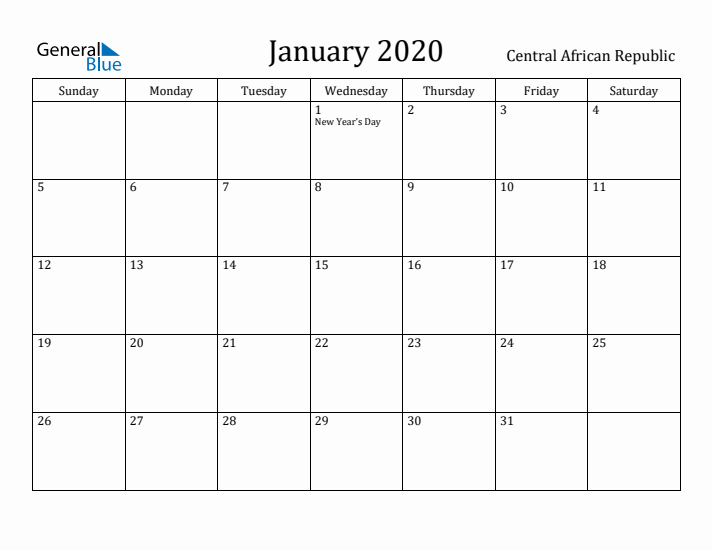 January 2020 Calendar Central African Republic