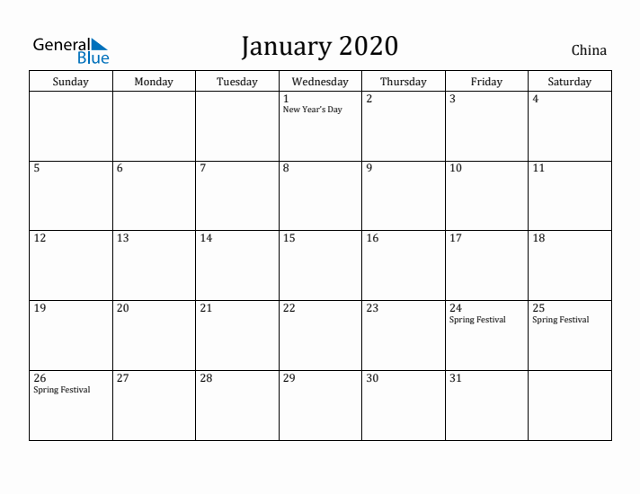 January 2020 Calendar China