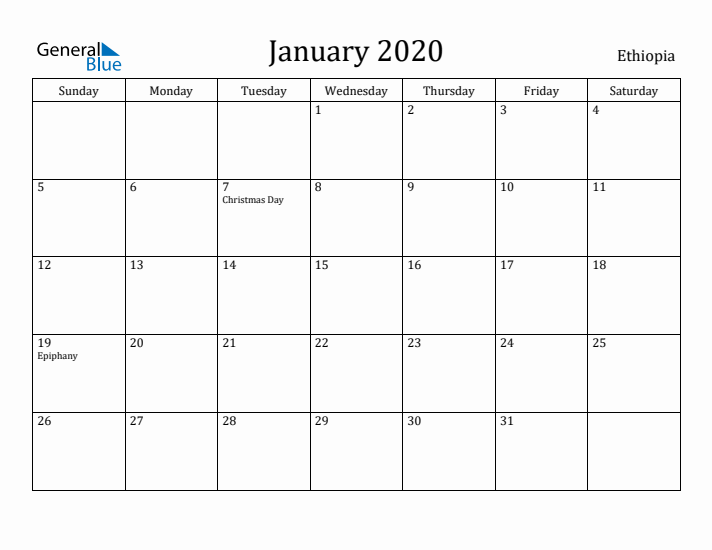 January 2020 Calendar Ethiopia