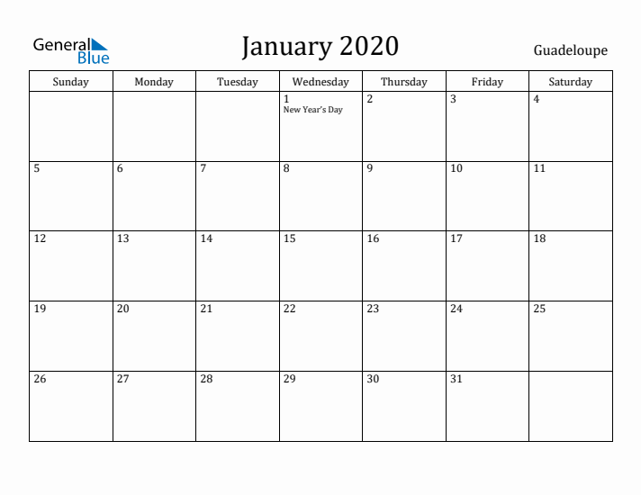 January 2020 Calendar Guadeloupe