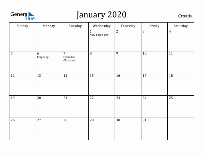 January 2020 Calendar Croatia