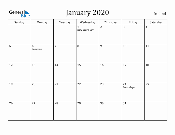 January 2020 Calendar Iceland