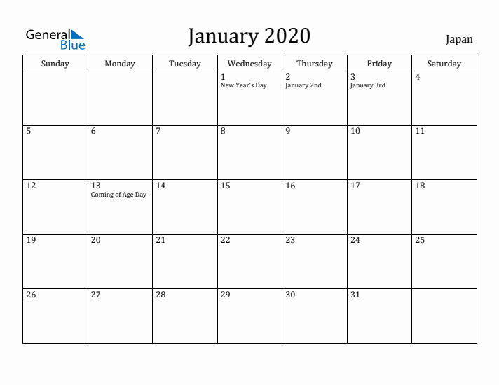 January 2020 Calendar Japan